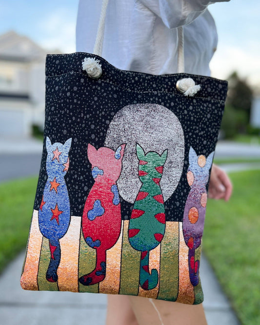 woven tote bag with cats and full moon