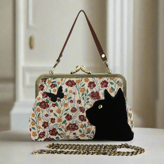  unique cat lover gifts, velvet black cat evening bag, elegant embroidered cat purse.