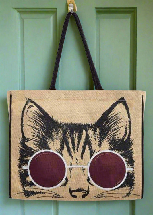 sustainable beach tote, large biodegradable tote bag, cat lover gift, trendy cat tote.