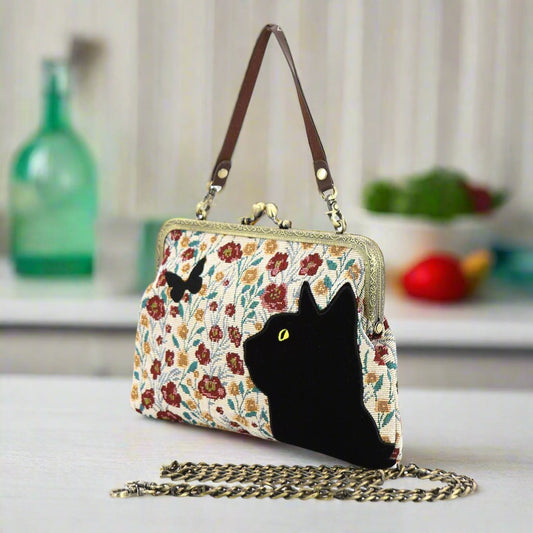 black cat handbag, vintage kisslock bag, floral embroidered purse, cat-themed purse.