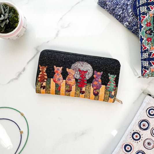 bohemian-inspired cat wallet, eco-friendly cat-themed wallet,