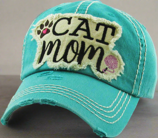 Distressed Cat Mom ball cap, vintage women's ball cap, cat mom gift, cat lover gift, vegan cat lover gift, mother's day gift, cool summer cap